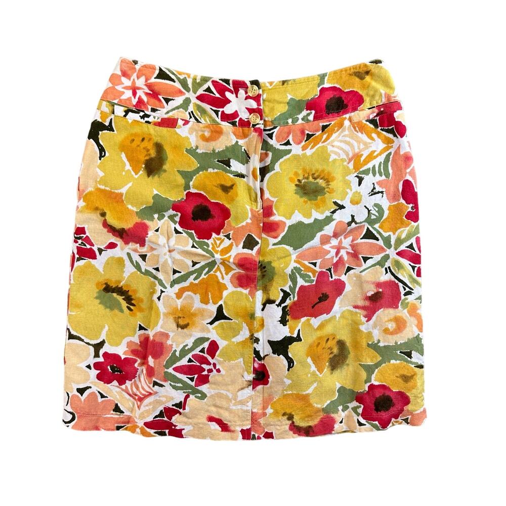 Vintage Harve Benard Linen Tropical Floral Pencil Skirt Yellow Green Red 80s 90s